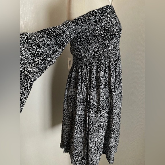 Retired! Black and White Abstract Floral Print Smocked Bell Sleeve Dress - Picture 6 of 6